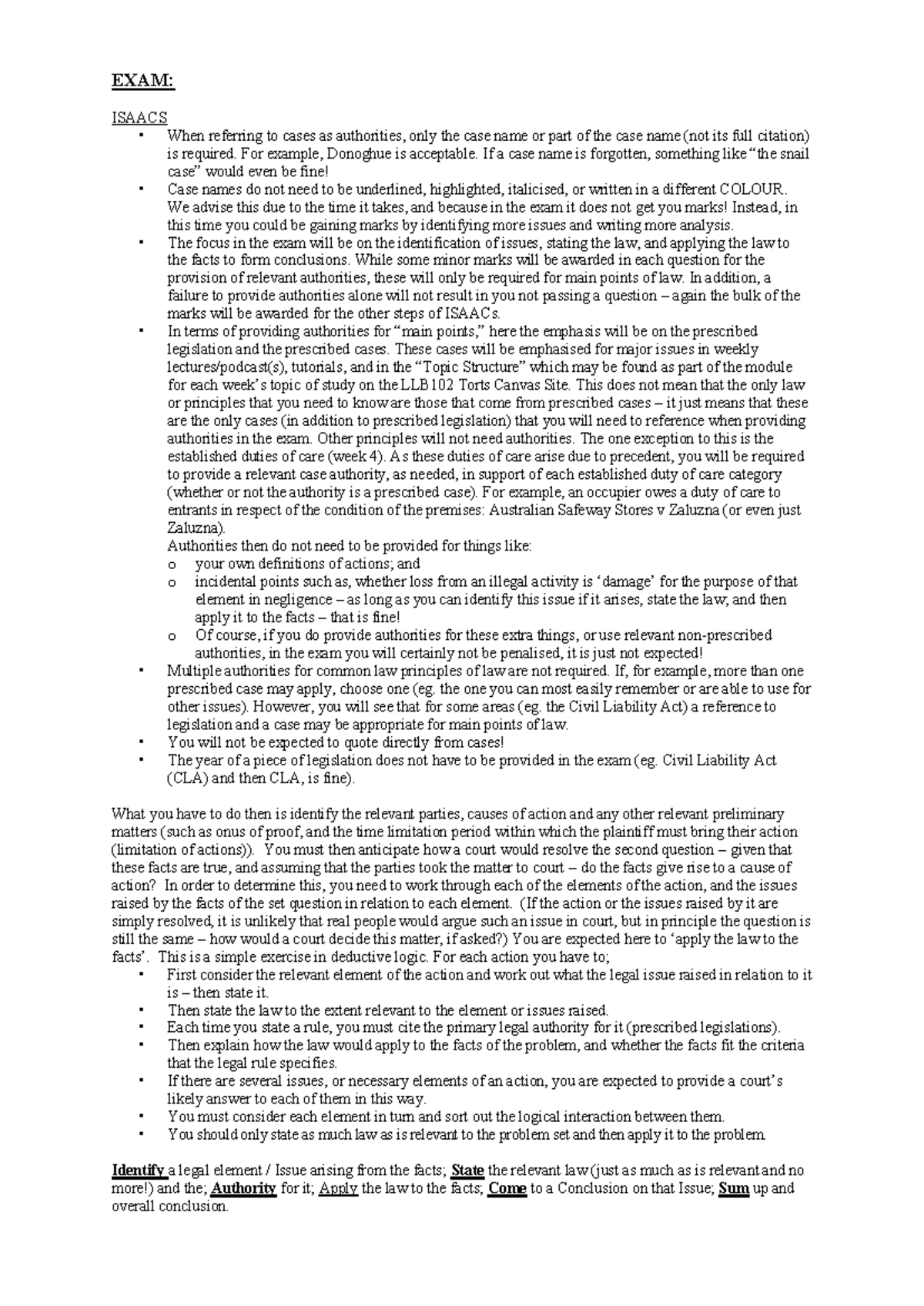 EXAM: LLB102 Torts - Key Notes on Case Authorities and Analysis - Studocu