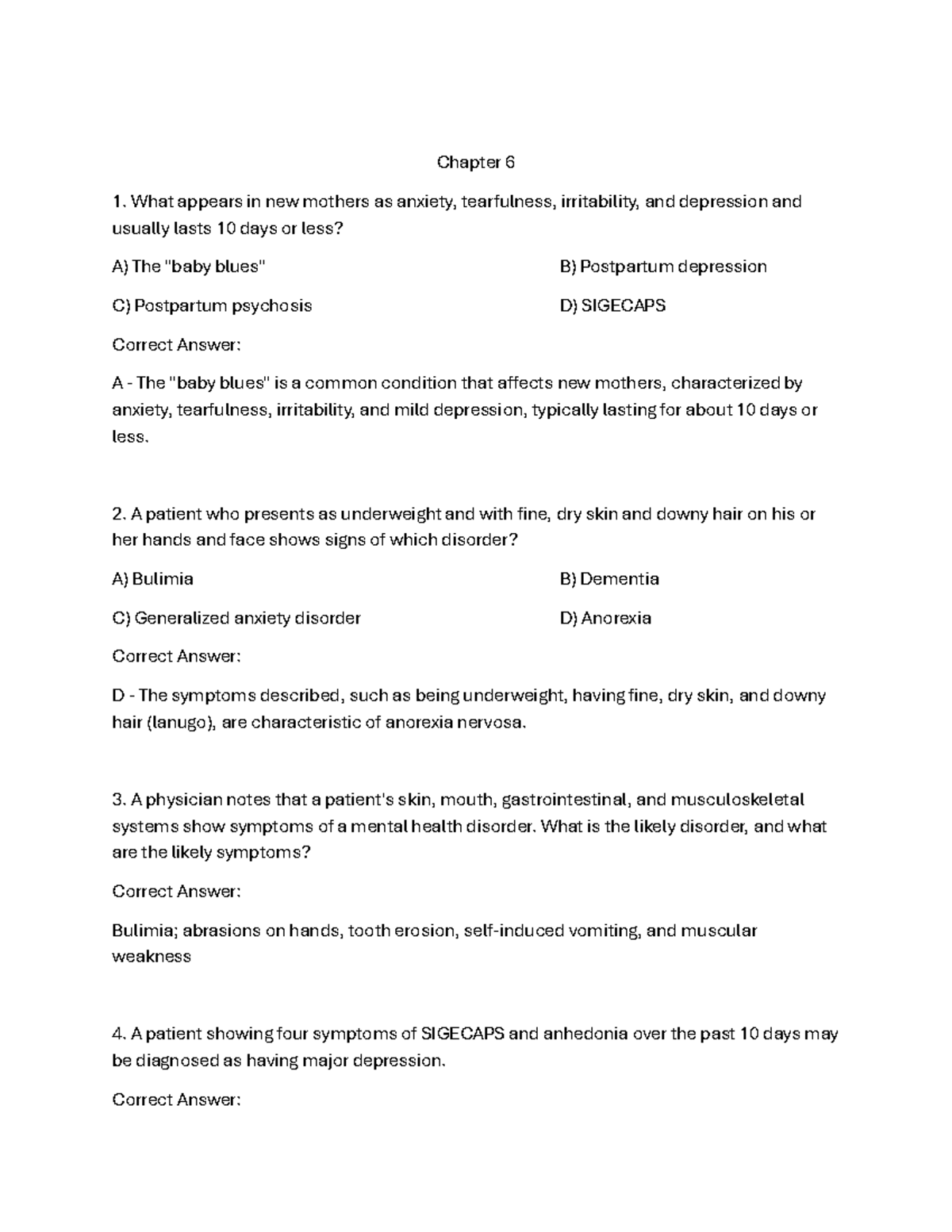 NUR 504 Chapter 6 Study Questions on Mental Health Disorders - Studocu
