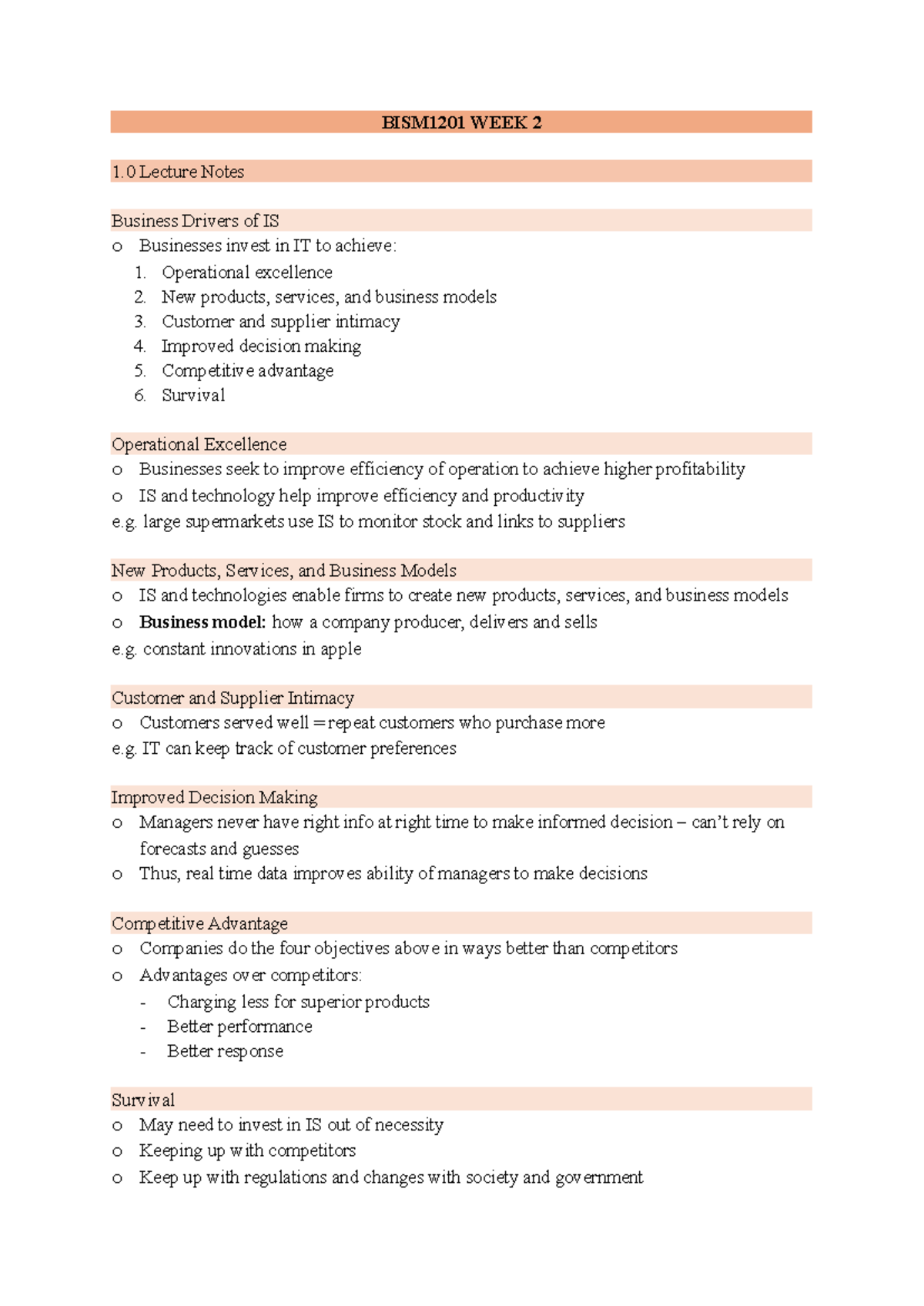 BISM1201 WEEK 2 - Lecture Notes on Business Drivers of IS - Studocu