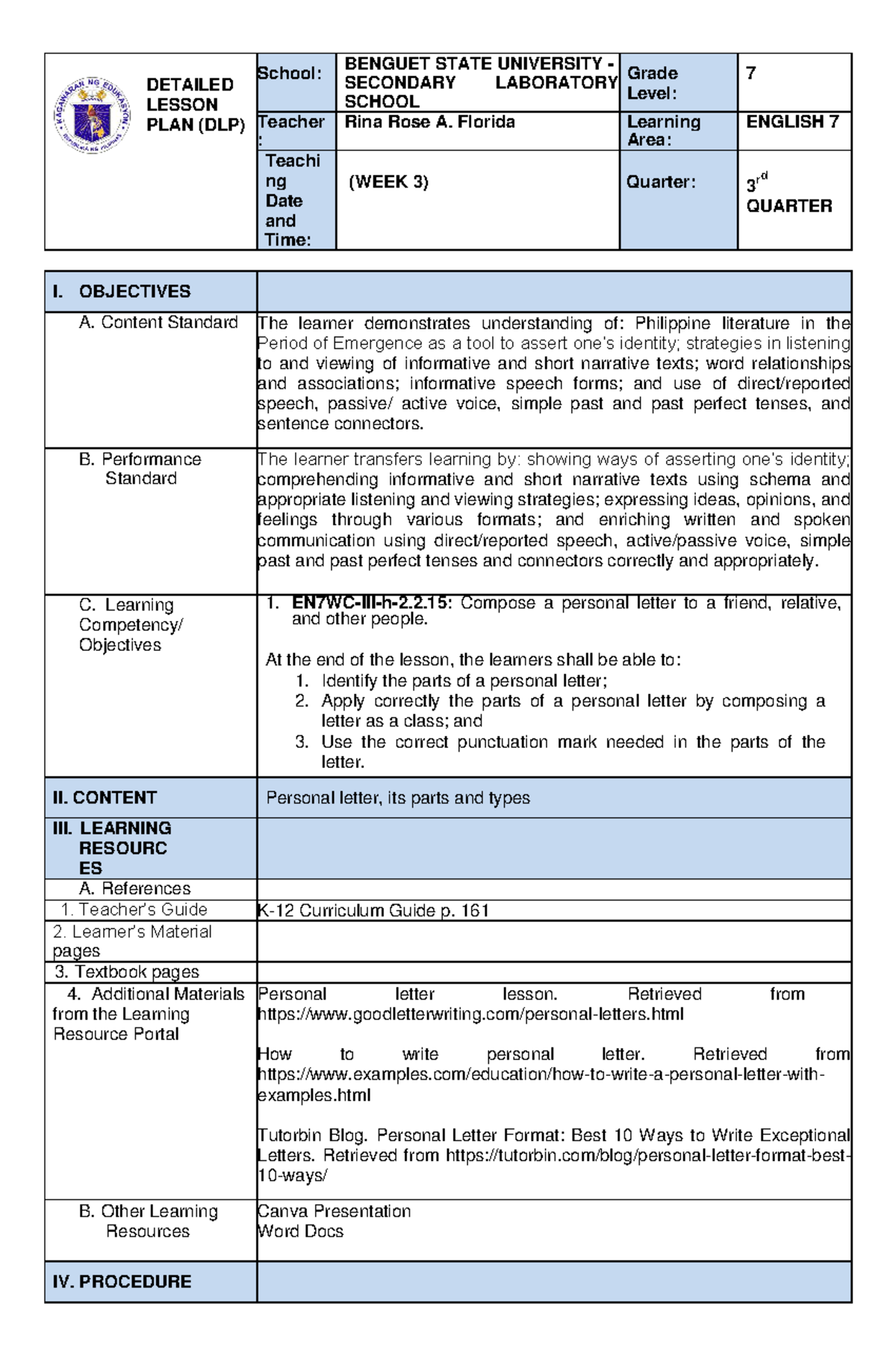 Detailed Lesson Plan (DLP) for English 7: Personal Letter Writing - Studocu