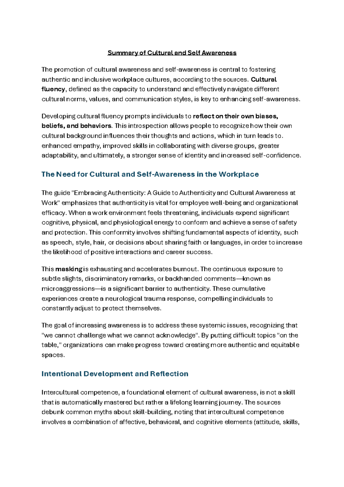 Cultural and self awareness - Summary of Cultural and Self Awareness ...