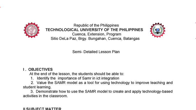 Detailed Lesson Plan on SAMR Model for ICT Integration (EDUC 101) - Studocu