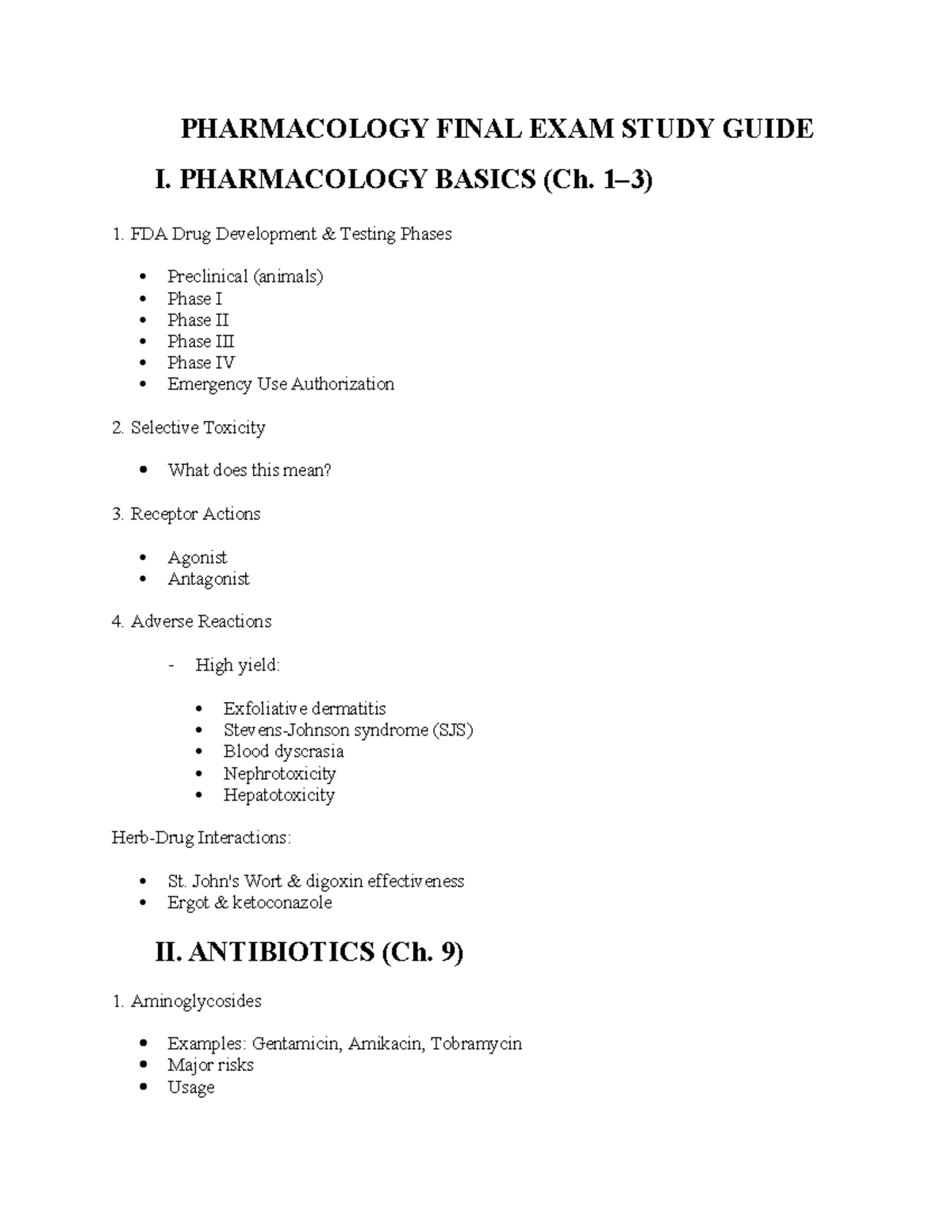 PHARM 101 FINAL EXAM STUDY GUIDE: PHARMACOLOGY BASICS & DRUGS - Studocu