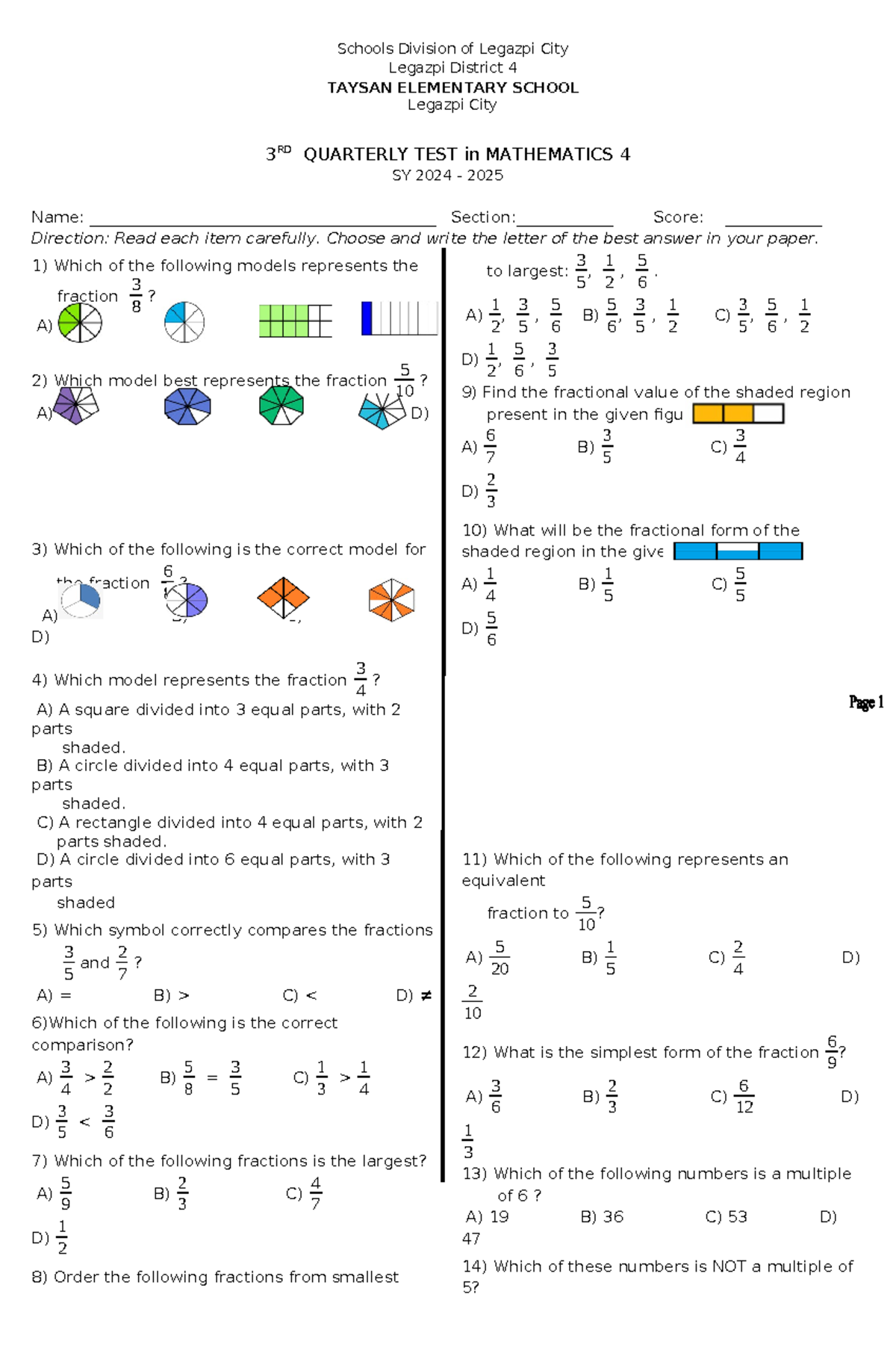A-3RD Quarterly Test 2024-25 - 3 RD QUARTERLY TEST in MATHEMATICS 4 SY ...