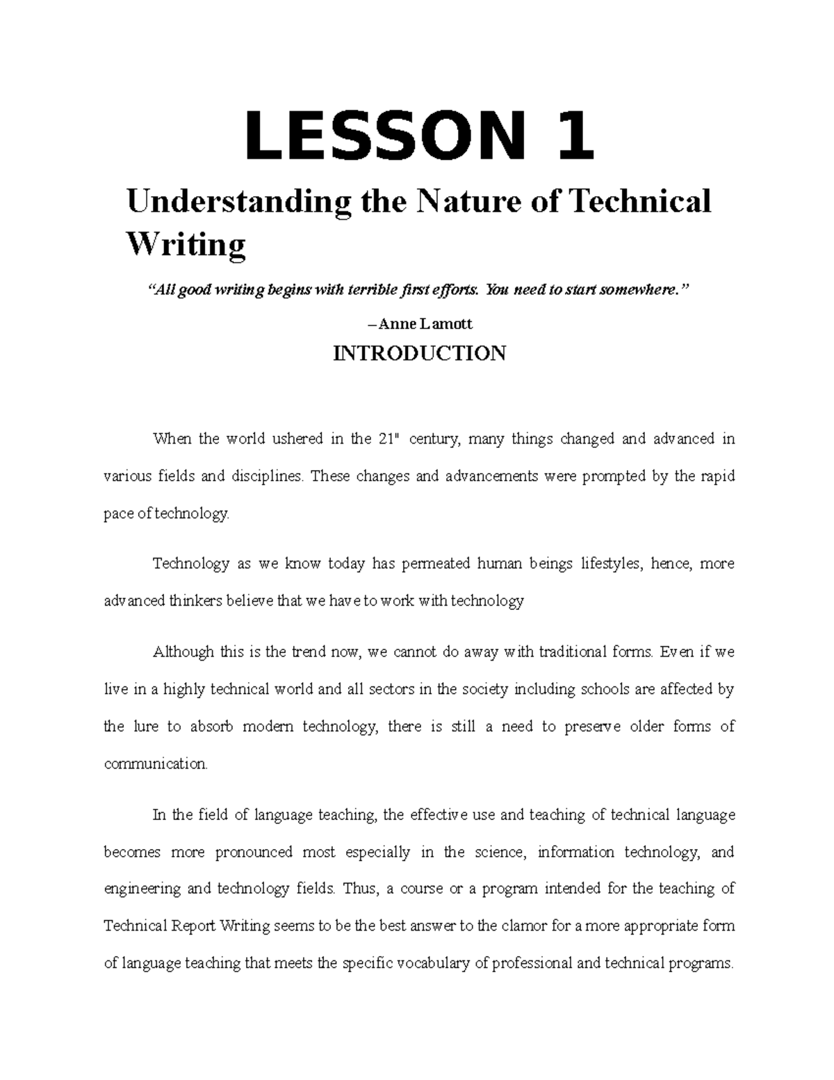 Lesson 1 Technical Writing - LESSON 1 Understanding the Nature of ...