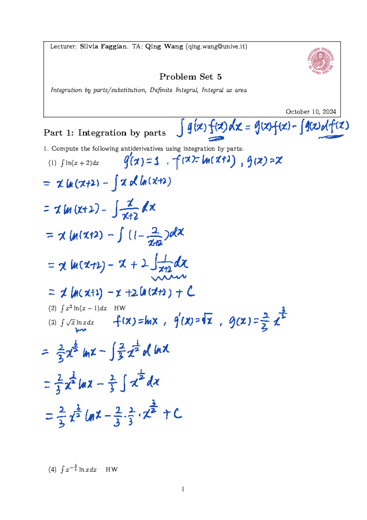 Solution Practice 5: Integration Techniques and Definite Integrals ...