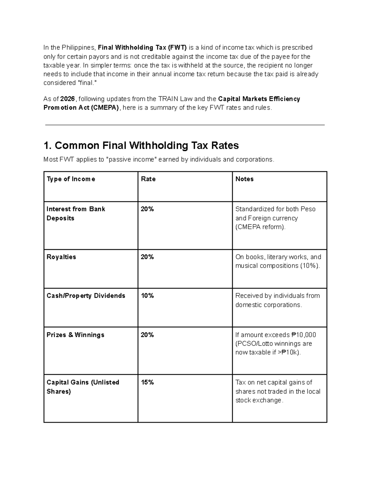 Final Withholding Tax (FWT) Overview - Accounting Guide - Studocu