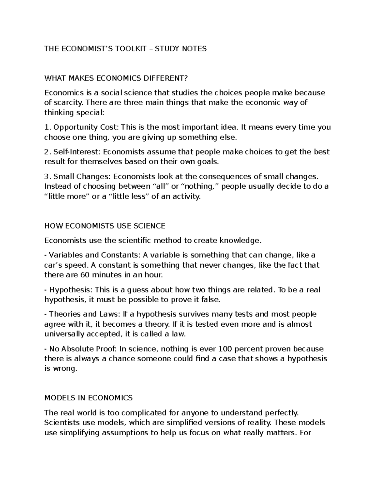 ECO 101: Toolkit Study Notes on Economic Principles and Models - Studocu
