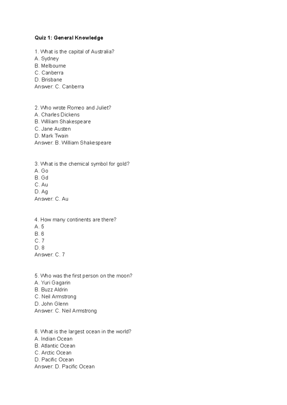 Quiz 1: General Knowledge Questions and Answers - Studocu