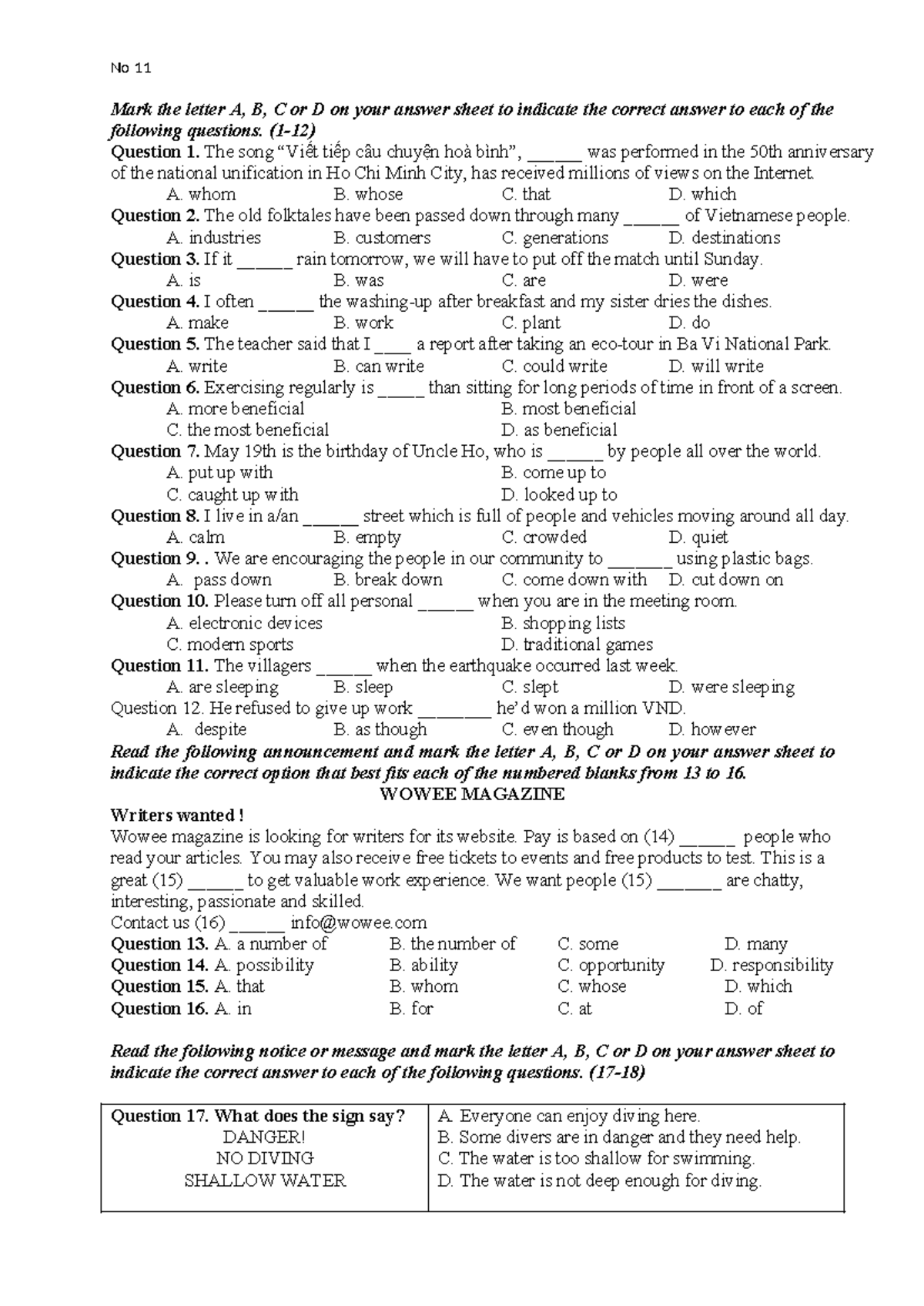 No 11 Quiz: English Language Proficiency Questions and Answers - Studocu