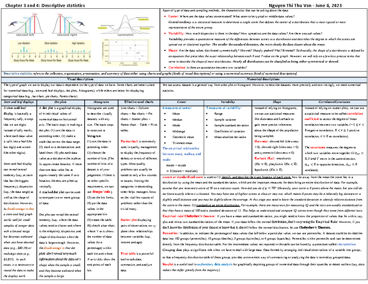 Descriptive Statistics Overview: Chapters 3 & 4 Insights - Studocu