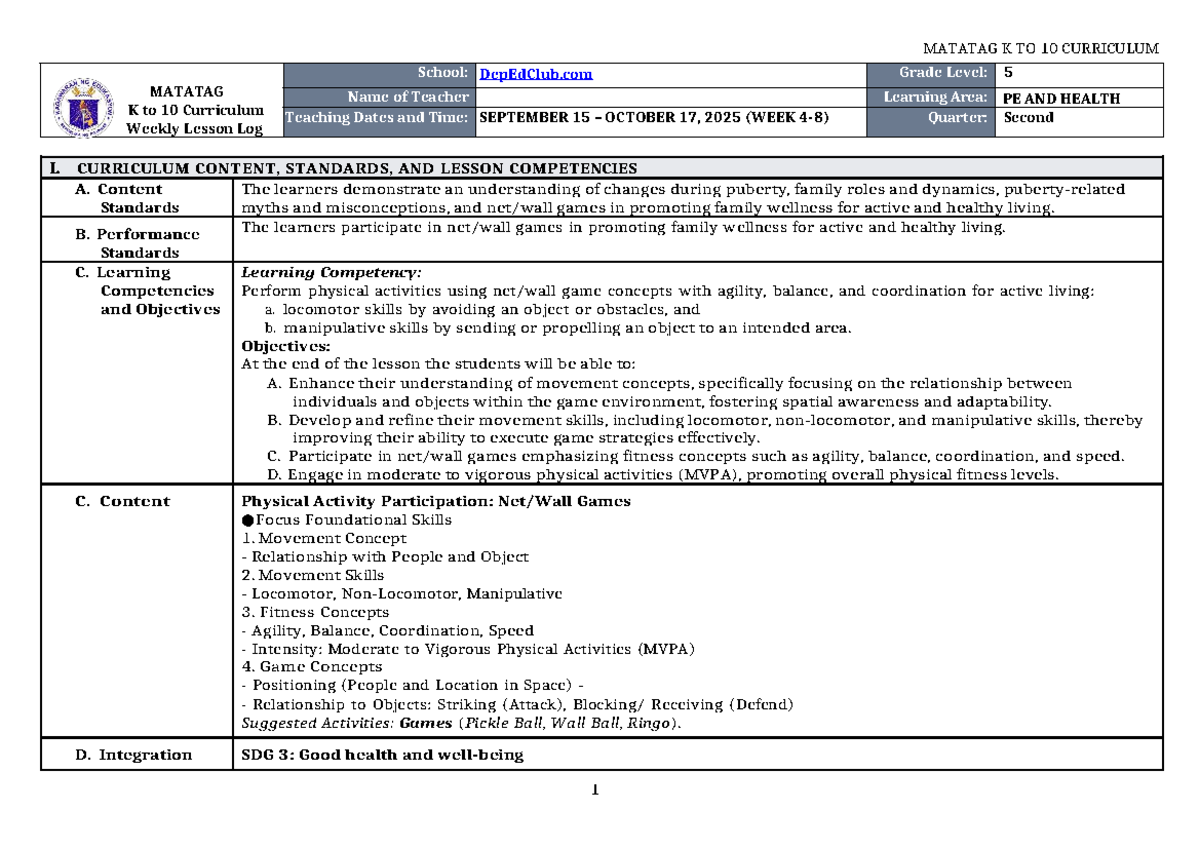 DLL Matatag PE & Health 5 Q2 Weekly Lesson Log (W4-8) - Studocu