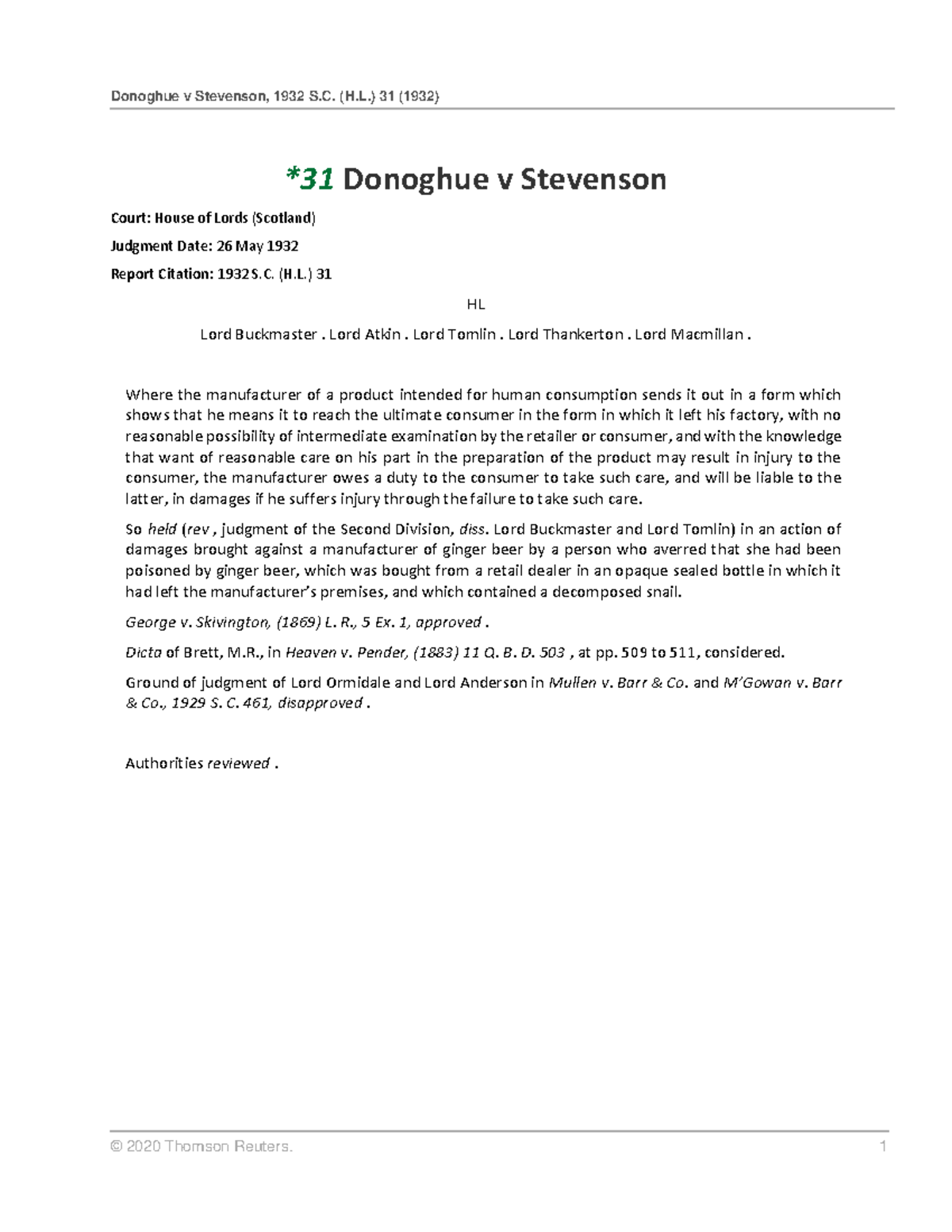 Donoghue v Stevenson: A Landmark Case for Duty of Care in Law - Studocu