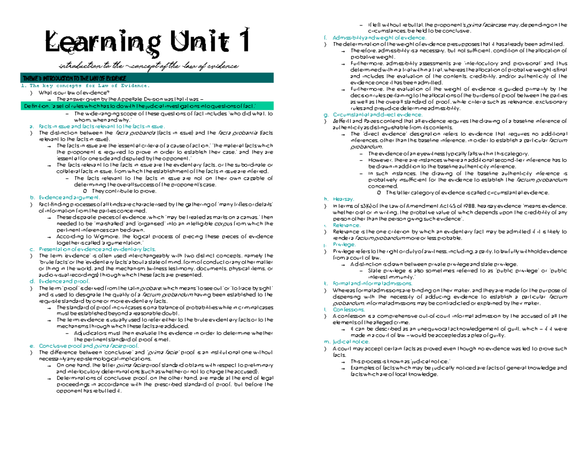 LAEV 101: Study Notes on the Law of Evidence - Test 1 Preparation - Studocu