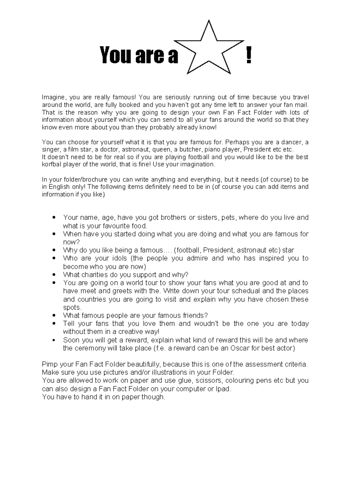 Fan Fact Folder Project: Creative Writing Assignment for Wiskunde ...