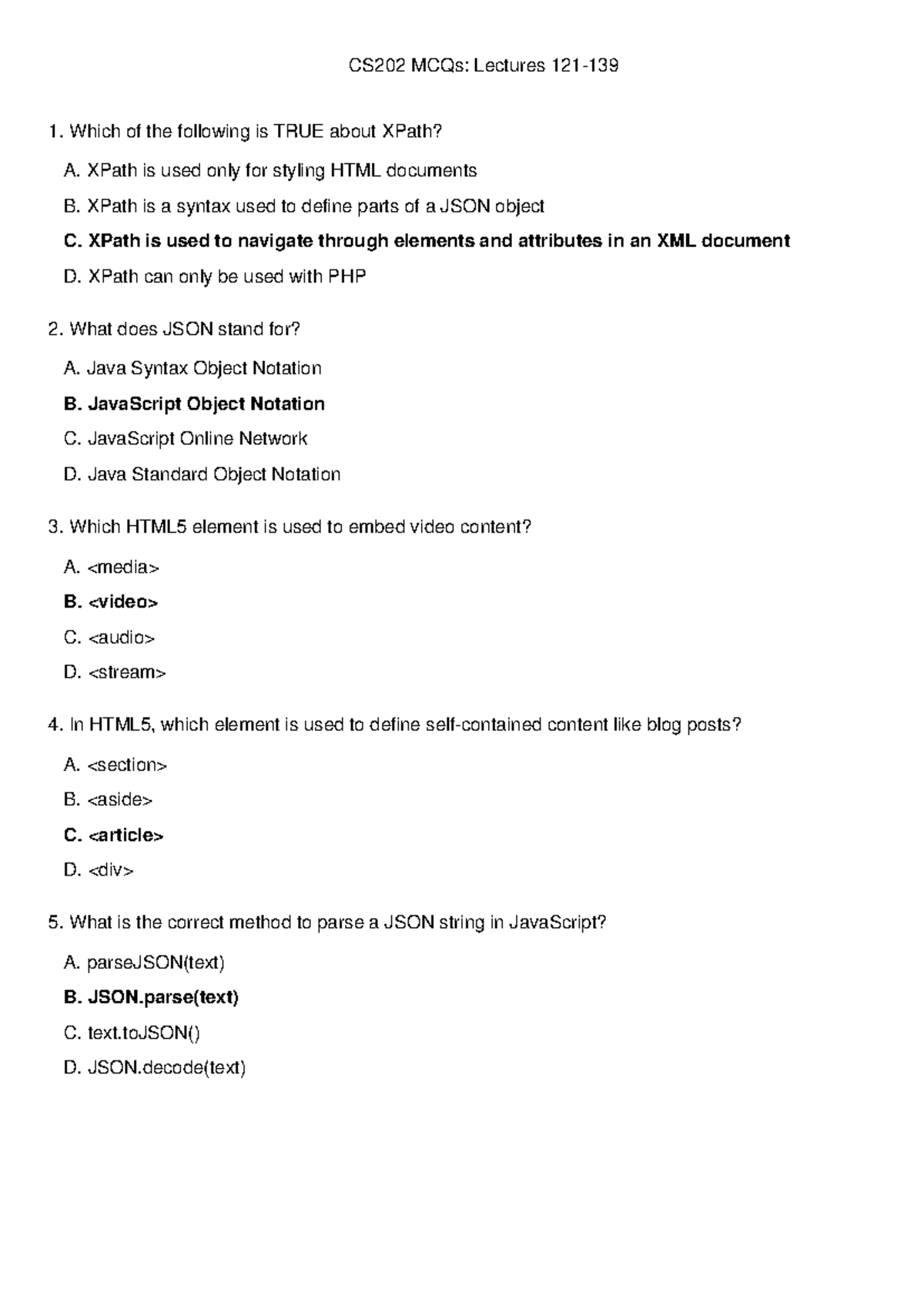 CS202 MCQs: Lectures 121-139 on XPath, JSON, and HTML5 - Studocu