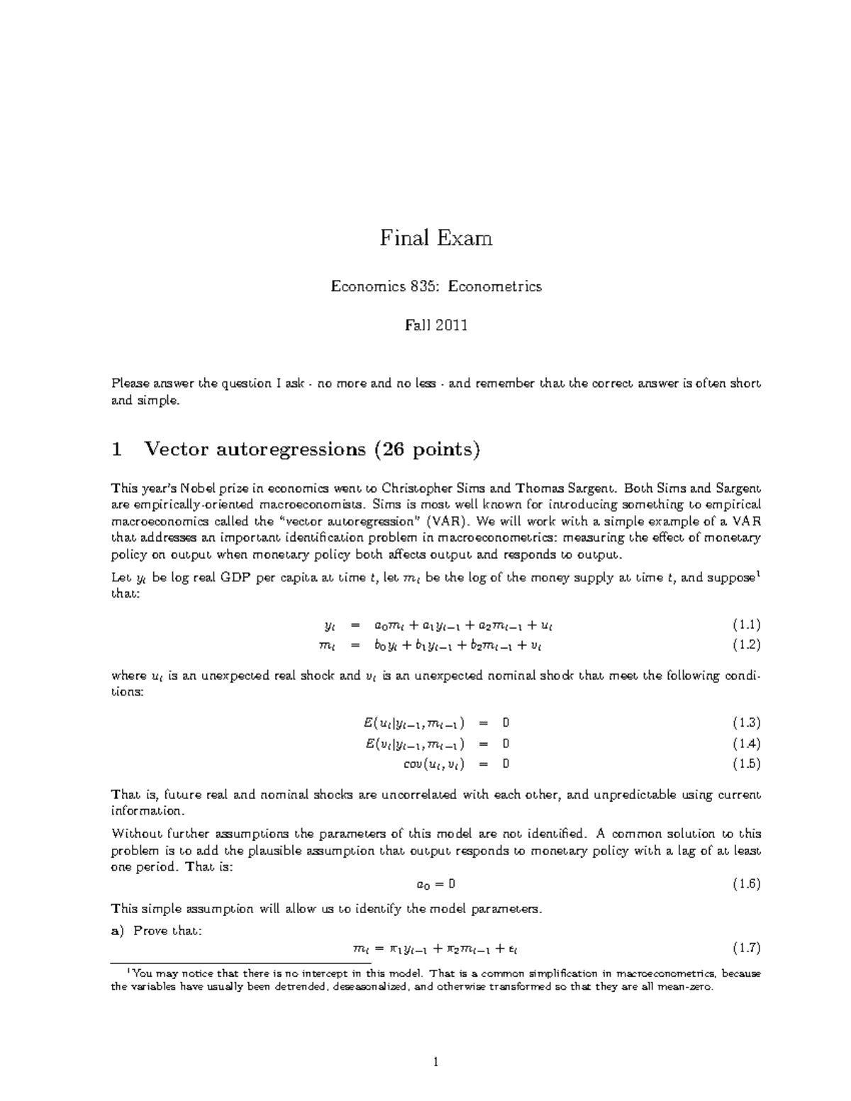Fall 2011 Midterm Exam Answer Key - Midterm Answer Key Economics 835 ...