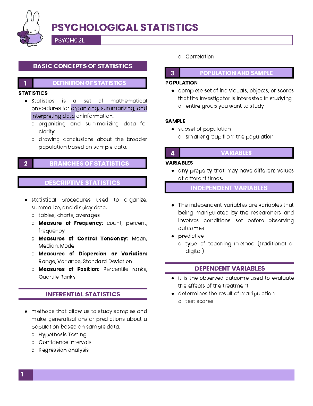 PSYCH02L Psychological Statistics: Chapter 1 Overview and Concepts ...