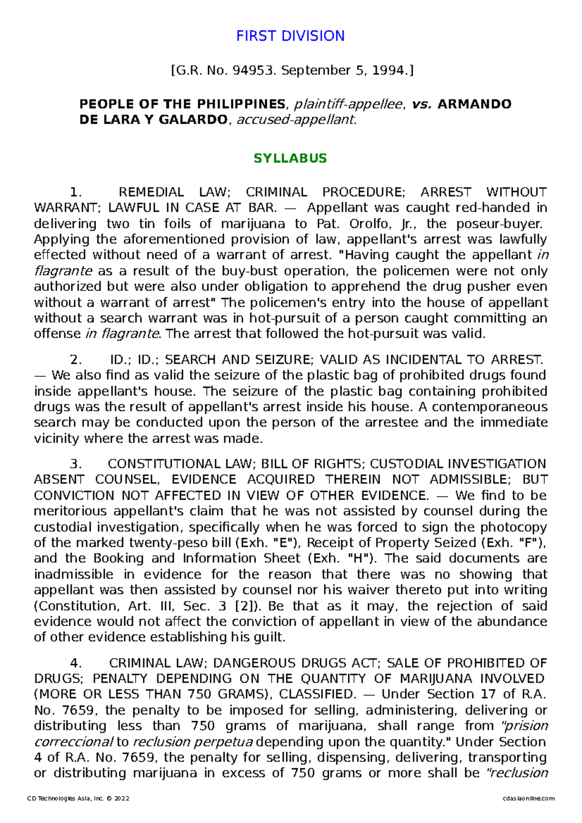 G.R. No. 94953 - People v. De Lara: Arrest and Sentencing of Appellant ...