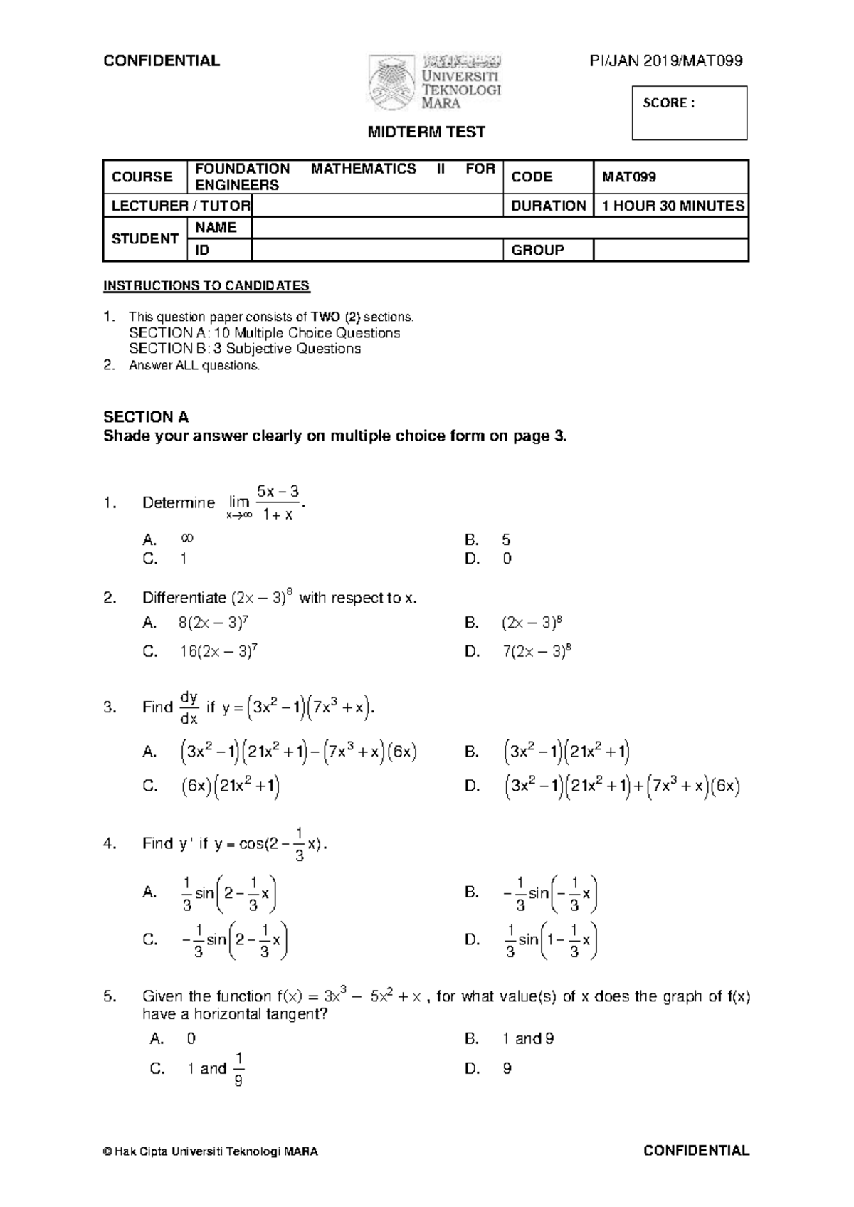 MAT099 2019 Midterm Test Paper - Foundation Mathematics II - Studocu
