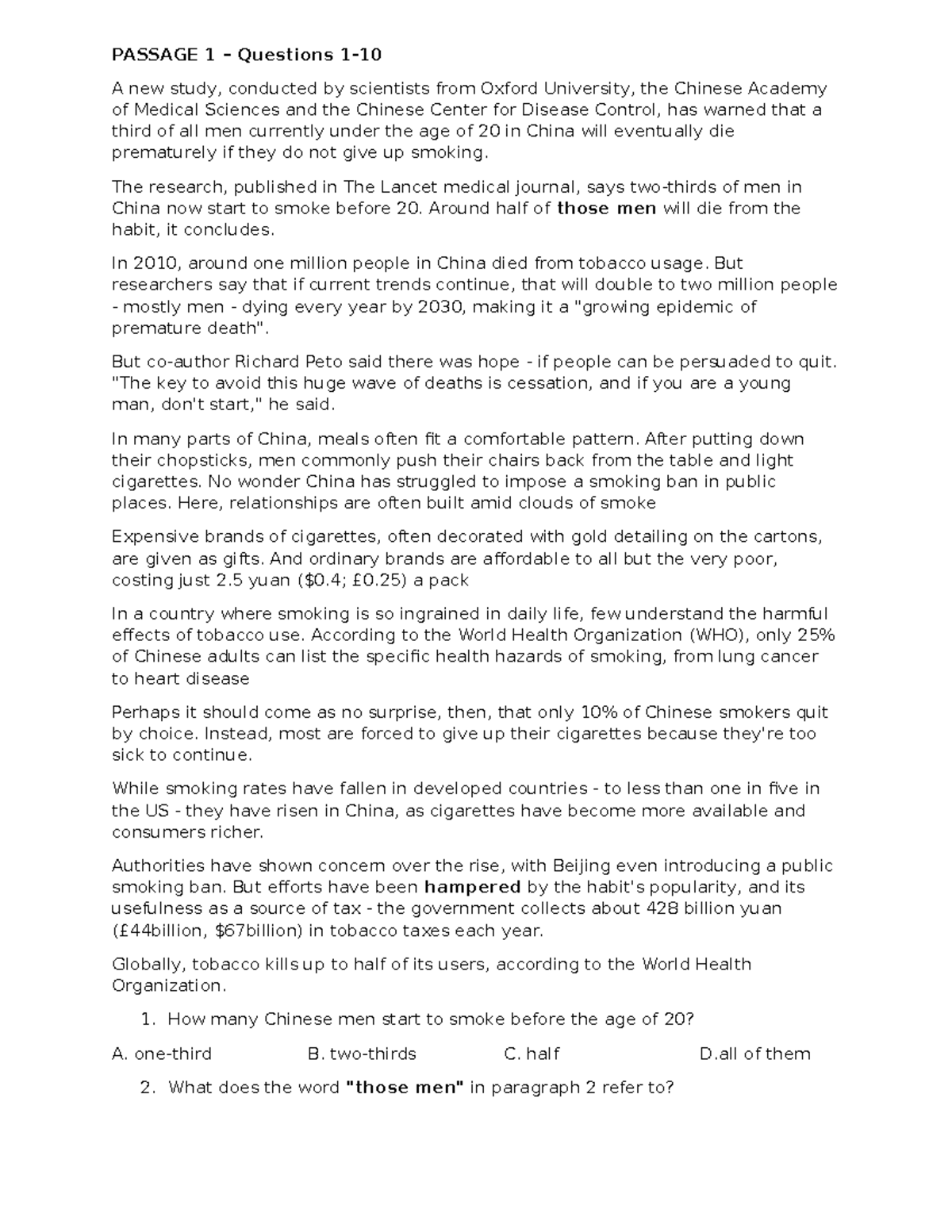 PASSAGE 1 & 2 Questions - Study Guide for Exam 1 - Studocu