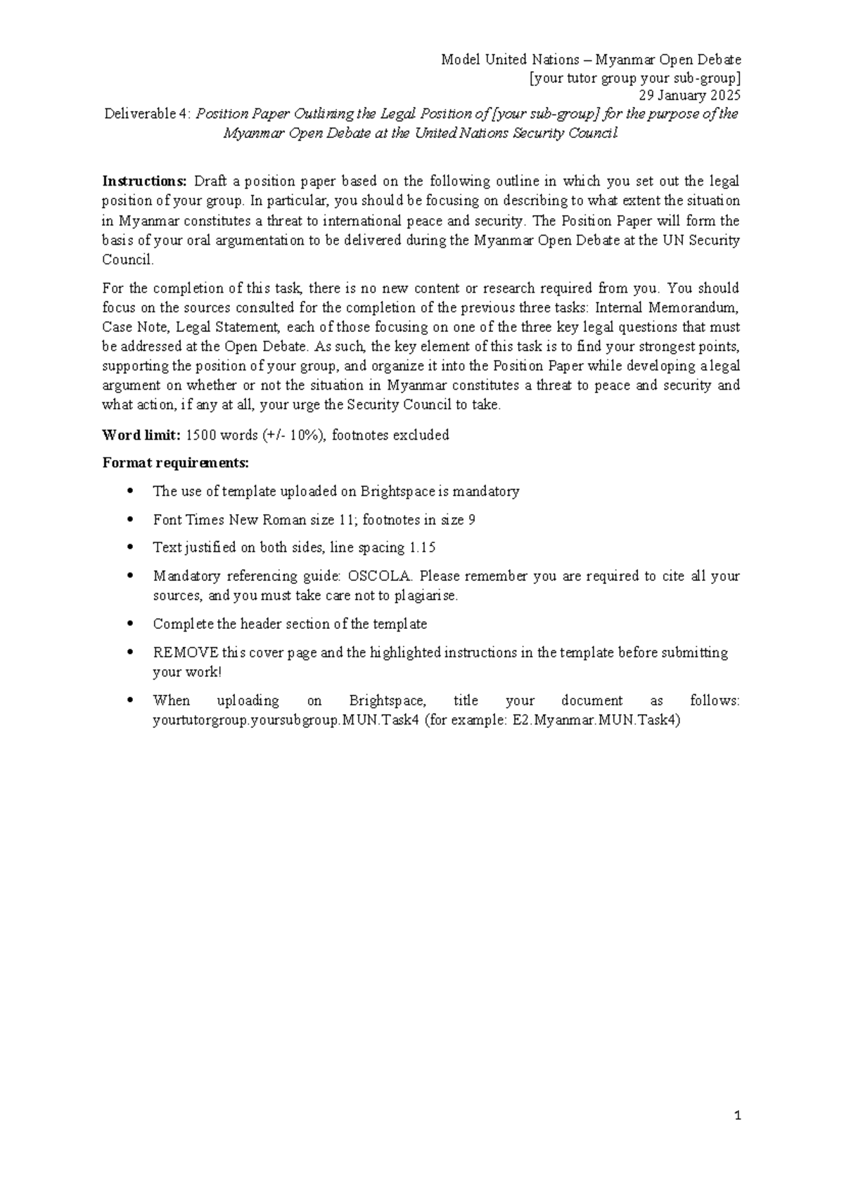 MUN Deliverable 4: Position Paper for Myanmar Open Debate - Studeersnel