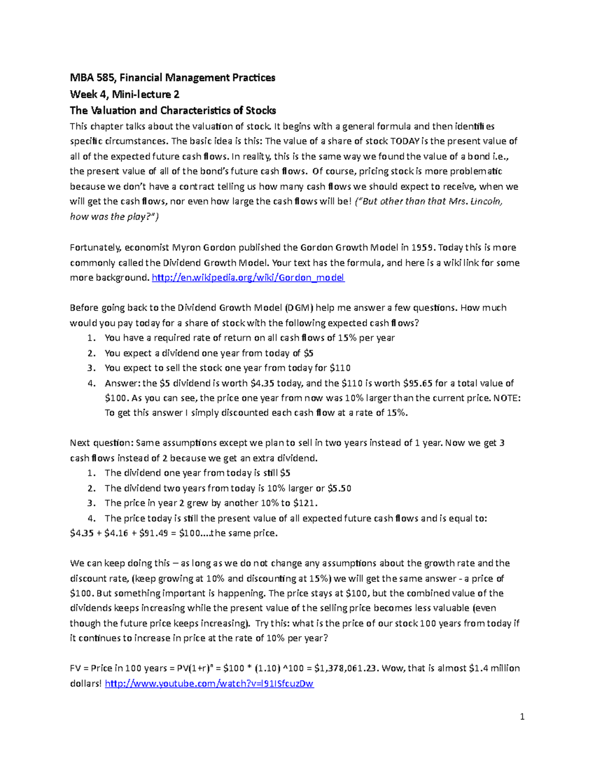 MBA 585 Financial Management - Week 4 Mini-Lecture Notes - Studocu