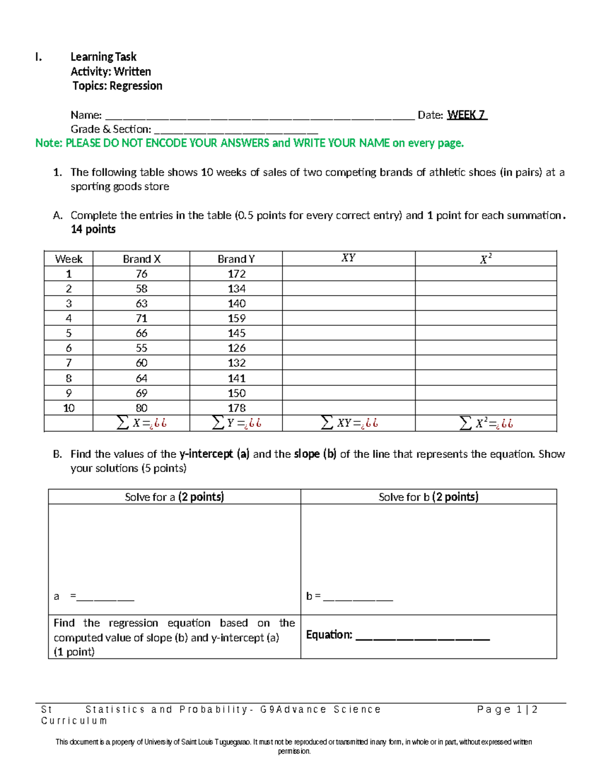 WEEK 7 Grade 9 Advance Science Statistics 1 Learning TASK - I. Learning ...