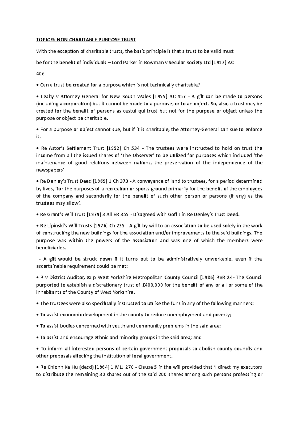 Non-Charitable Purpose Trusts: Key Case Law Analysis (Topic 9) - Studocu