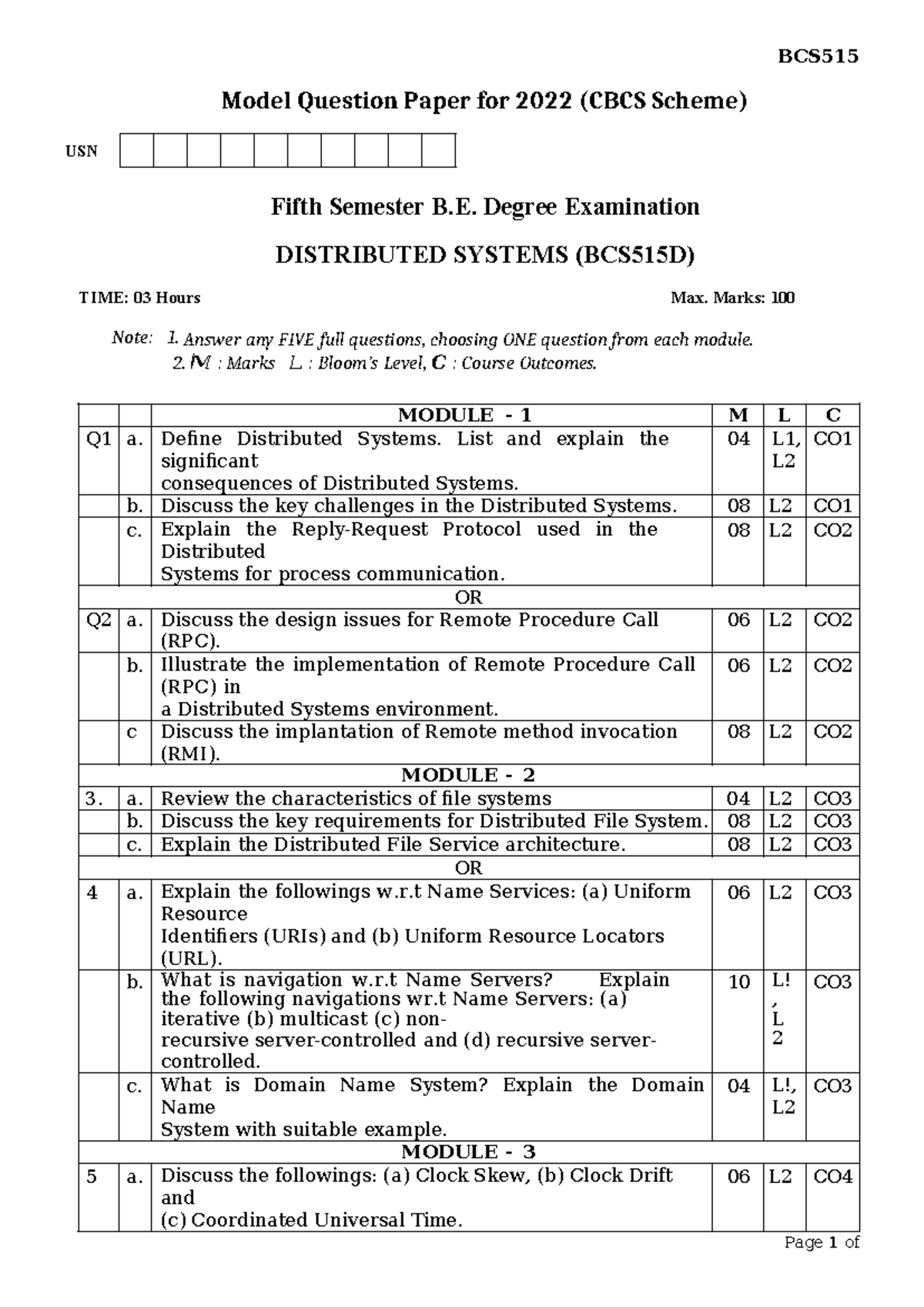 Model Question Paper for BCS515D - Distributed Systems Exam - Studocu