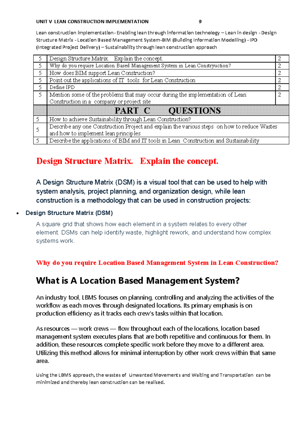 Unit 5 Notes: Lean Construction Implementation & IT Applications - Studocu