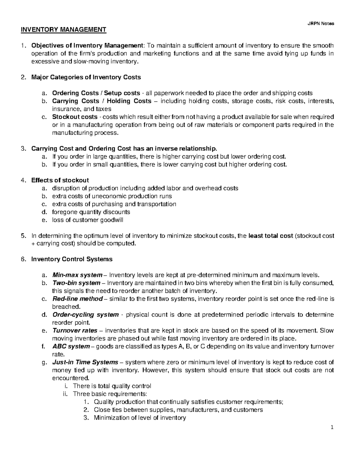 Notes on Inventory Management - JRPN Notes 1 INVENTORY MANAGEMENT ...