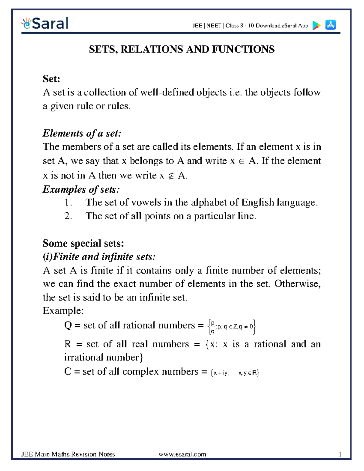 115837 JEE Main 2024 Maths Revision Notes on Sets, Relations and ...