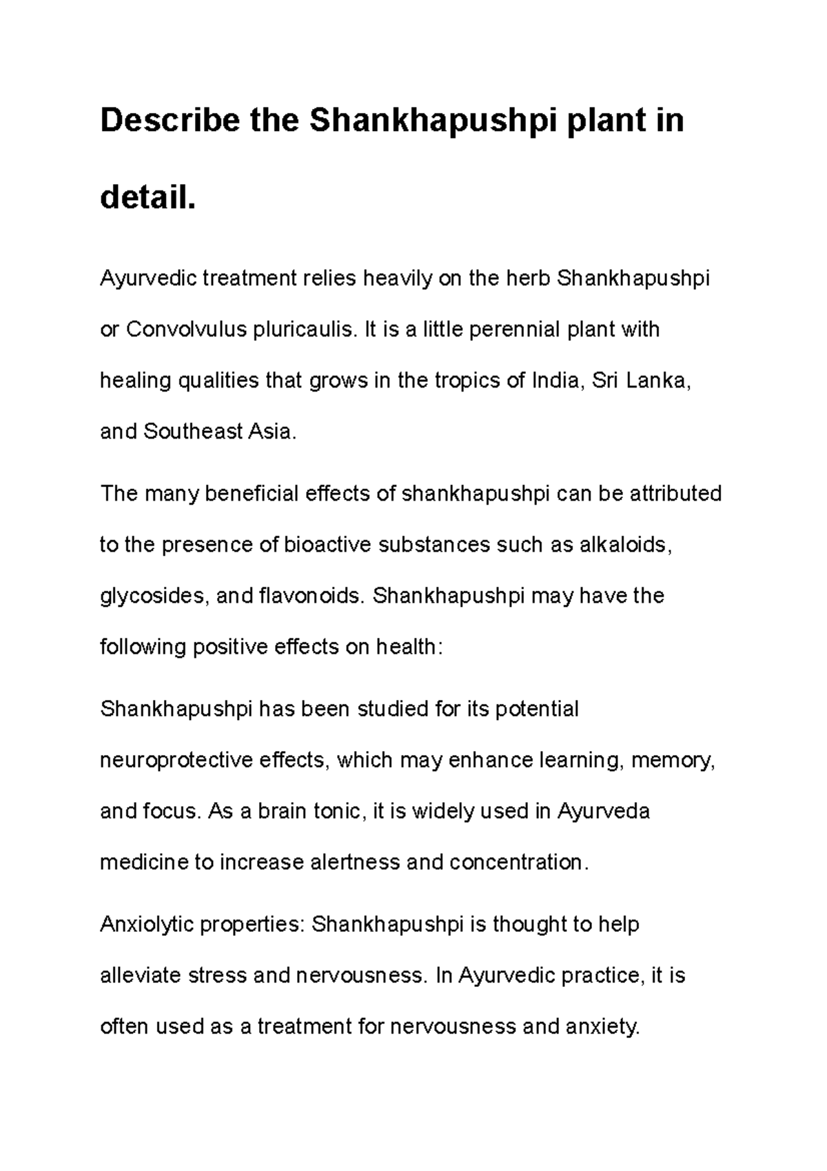 Describe the Shankhapushpi plant in detail - Ayurvedic treatment relies ...