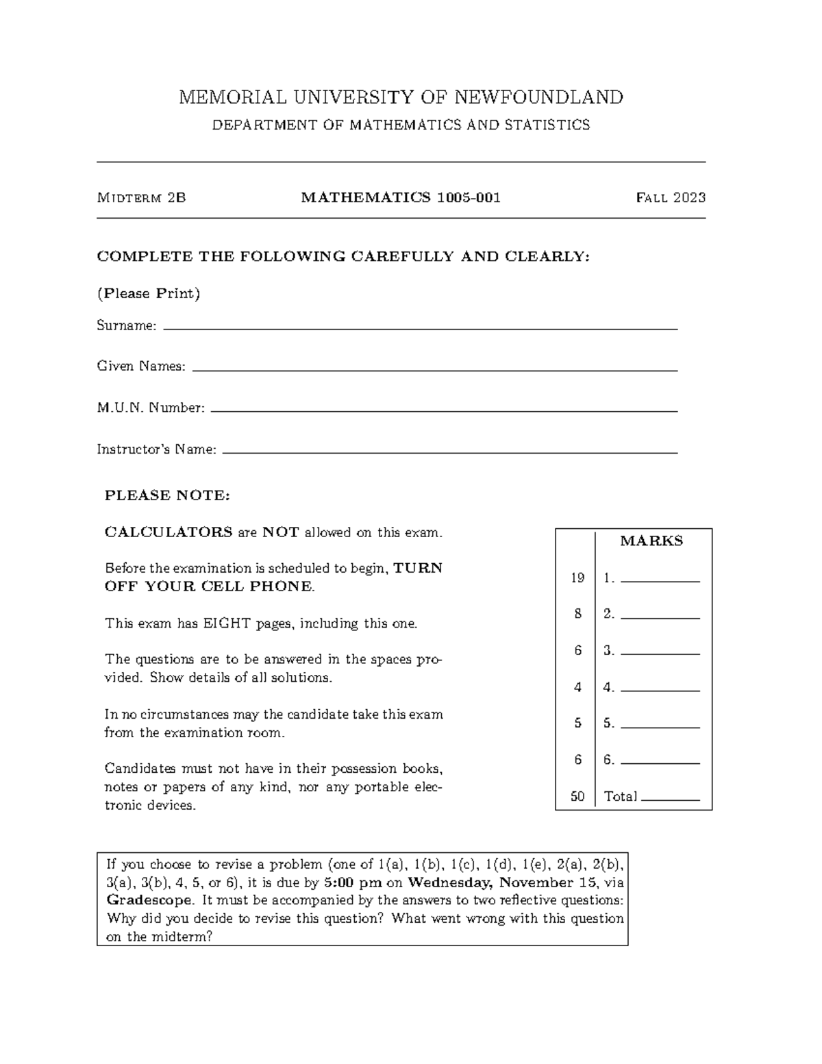 Midterm 2B Practice Questions for MATH 1005-001 Fall 2023 - Studocu