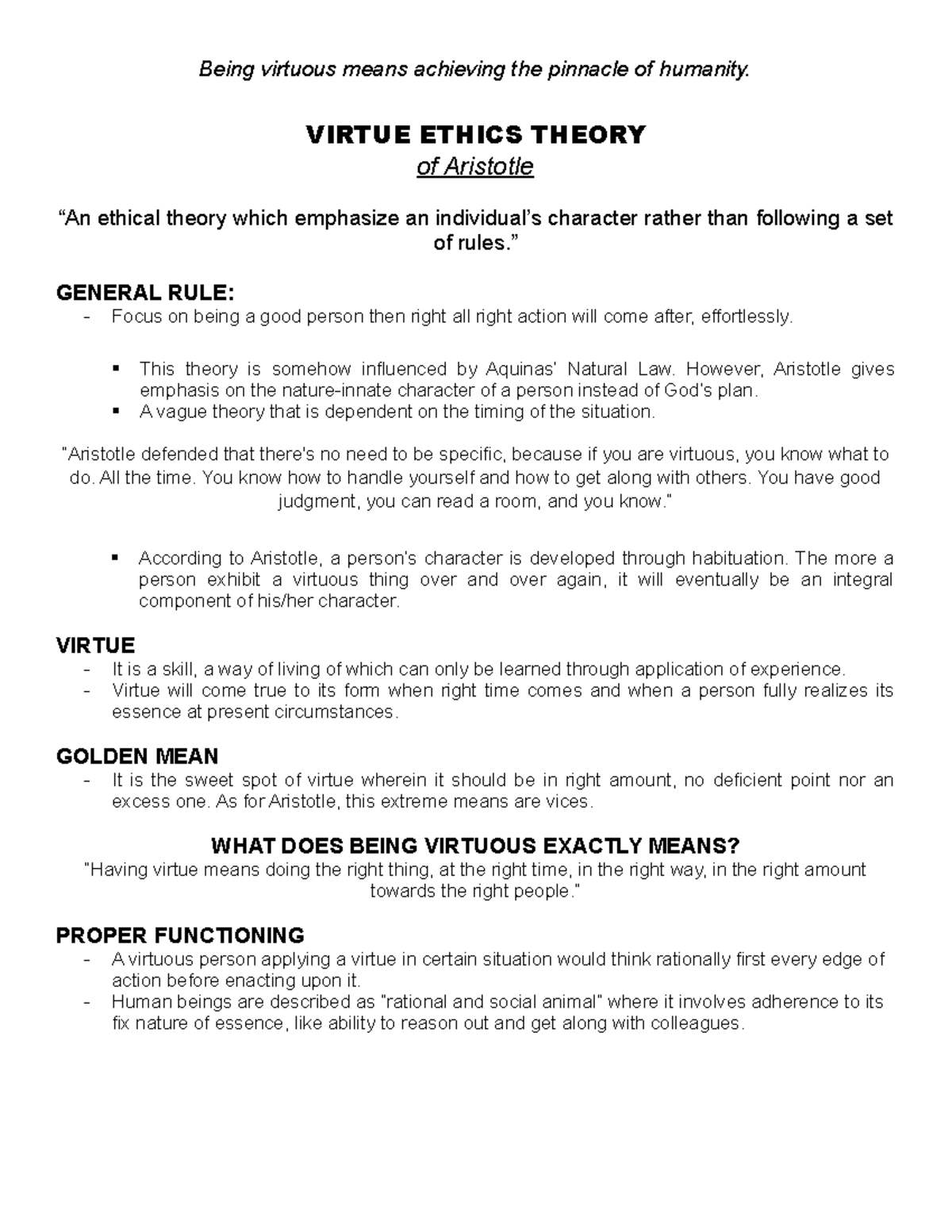 All about virtue ethics - Lecture notes 2 - Being virtuous means ...