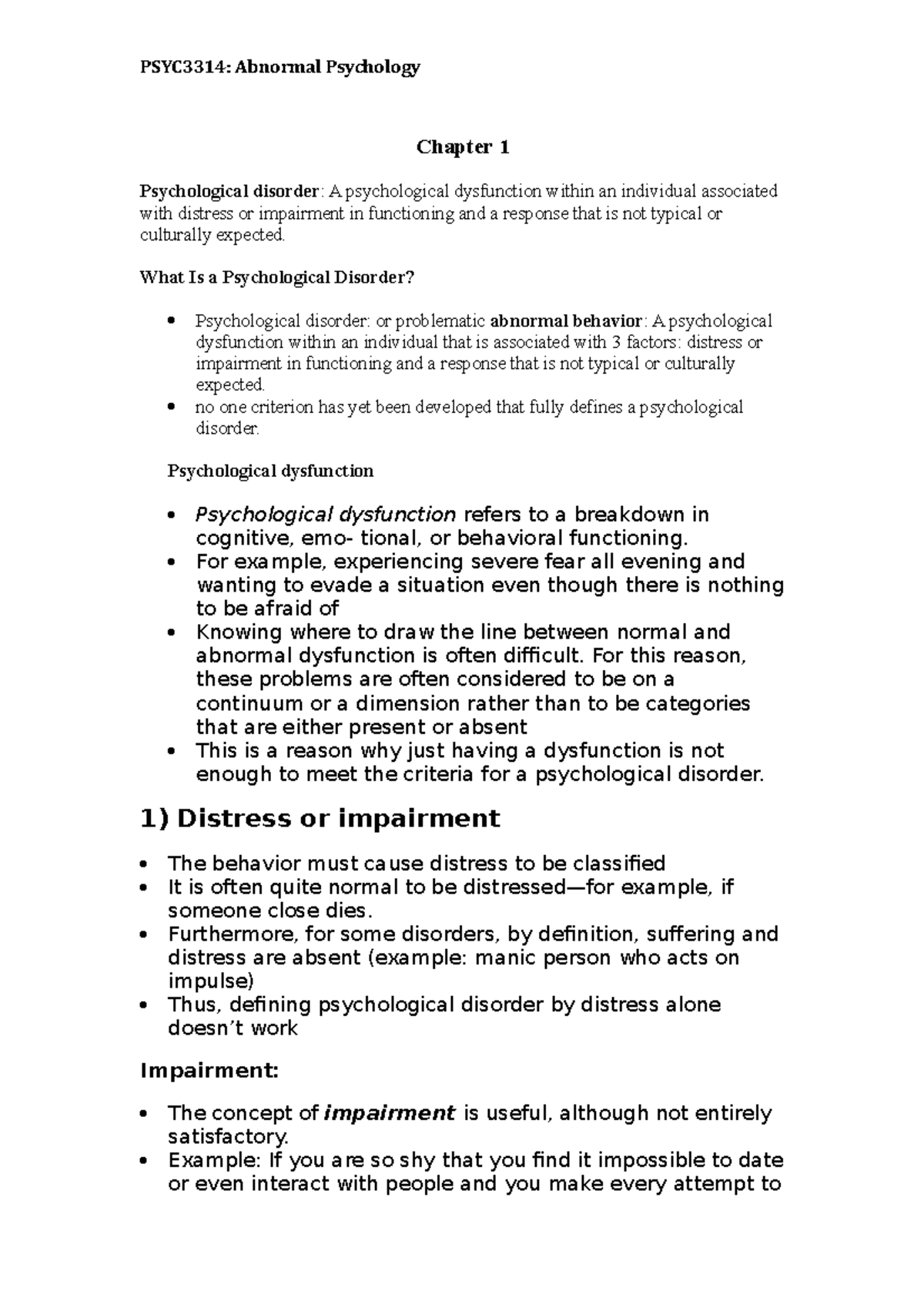 PSYC3314 Chapter 1: Understanding Psychological Disorders - Studocu