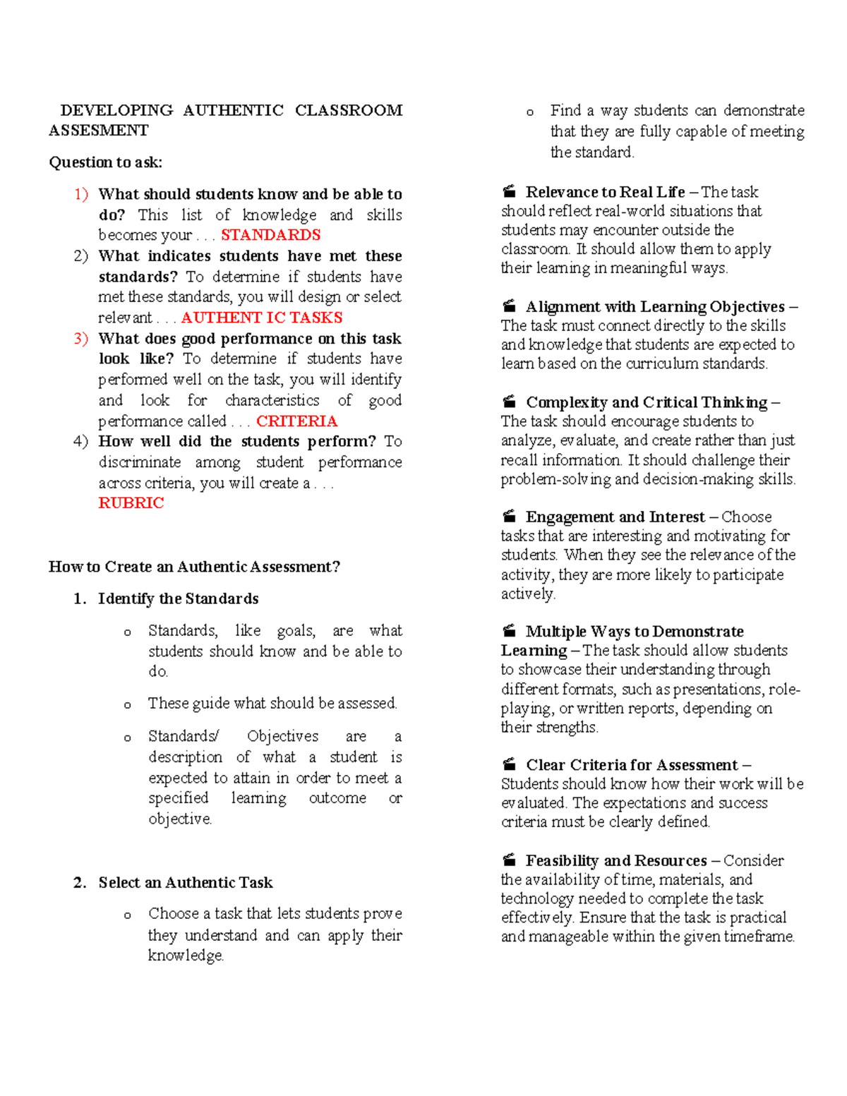 Authentic Classroom Assessment Development Strategies and Standards ...
