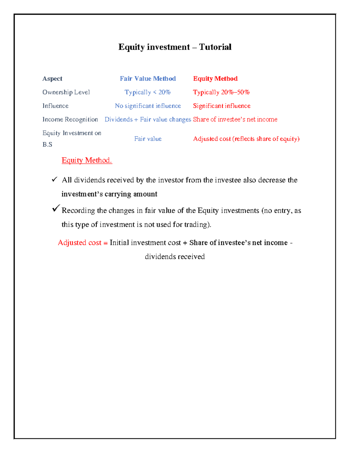 Equity Investment Tutorial: Fair Value & Equity Method Analysis - Studocu
