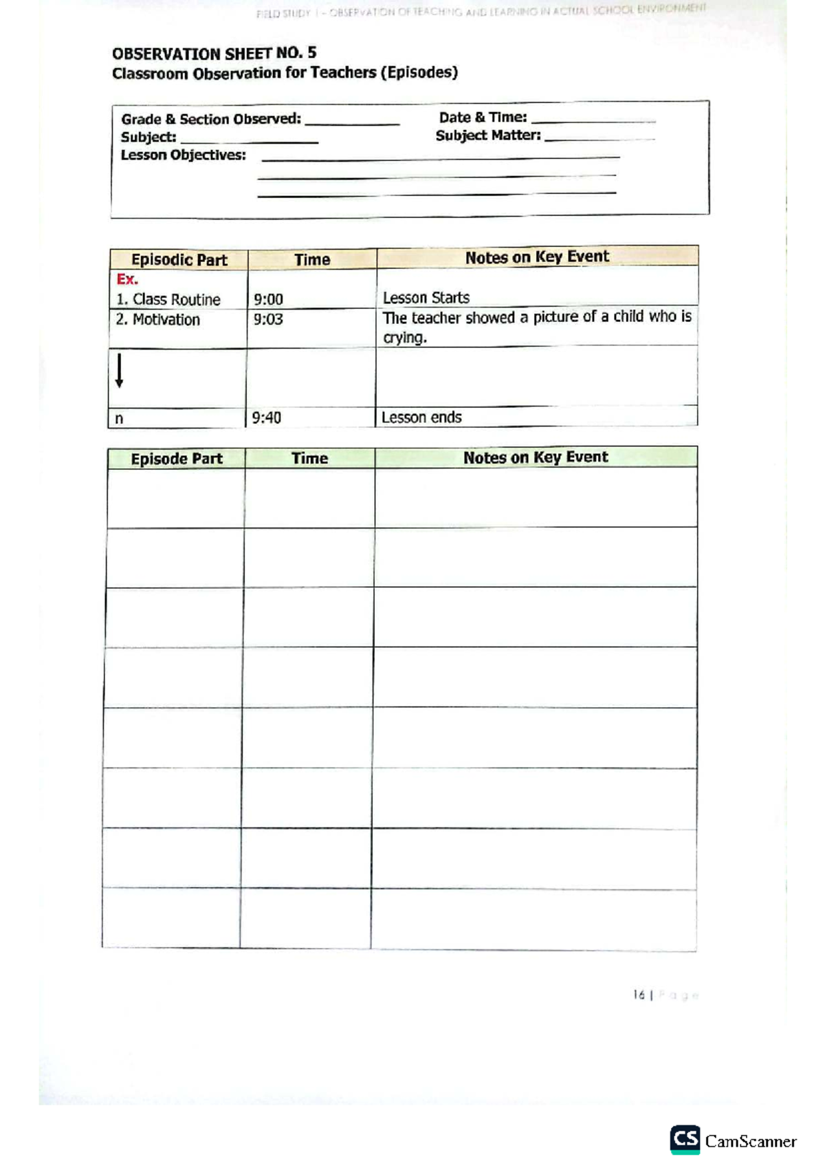 FIELD STUDY I OBSERVATION SHEETS FOR TEACHING & LEARNING - Studocu
