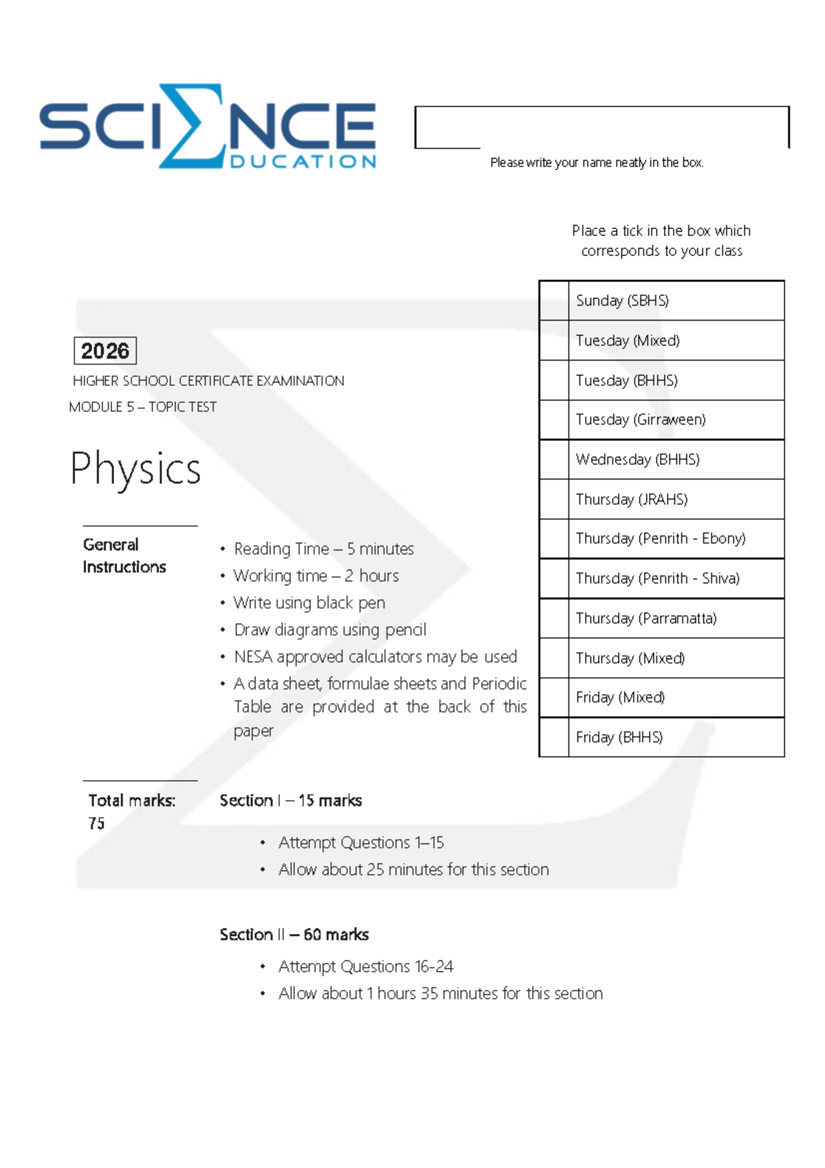 HSC 2026 Physics Module 5 Topic Test - School Certificate Exam - Studocu
