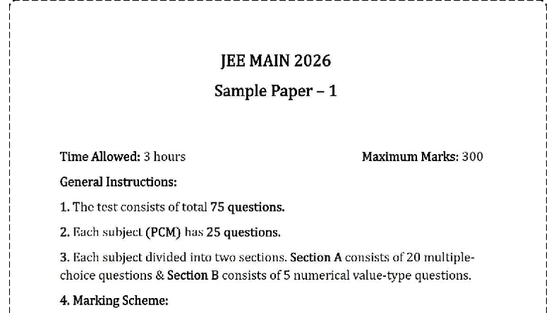 JEE MAIN 2026 Sample Paper 1: Physics, Chemistry & Math Sections - Studocu