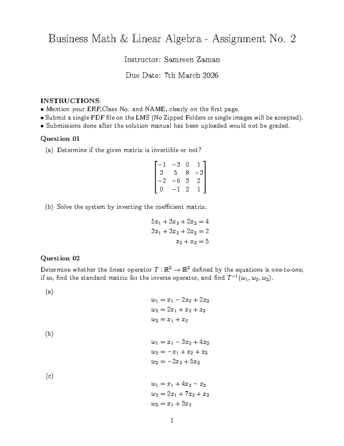 Business Math Linear Algebra Assignment 2 - Instructor: Samreen Z ...