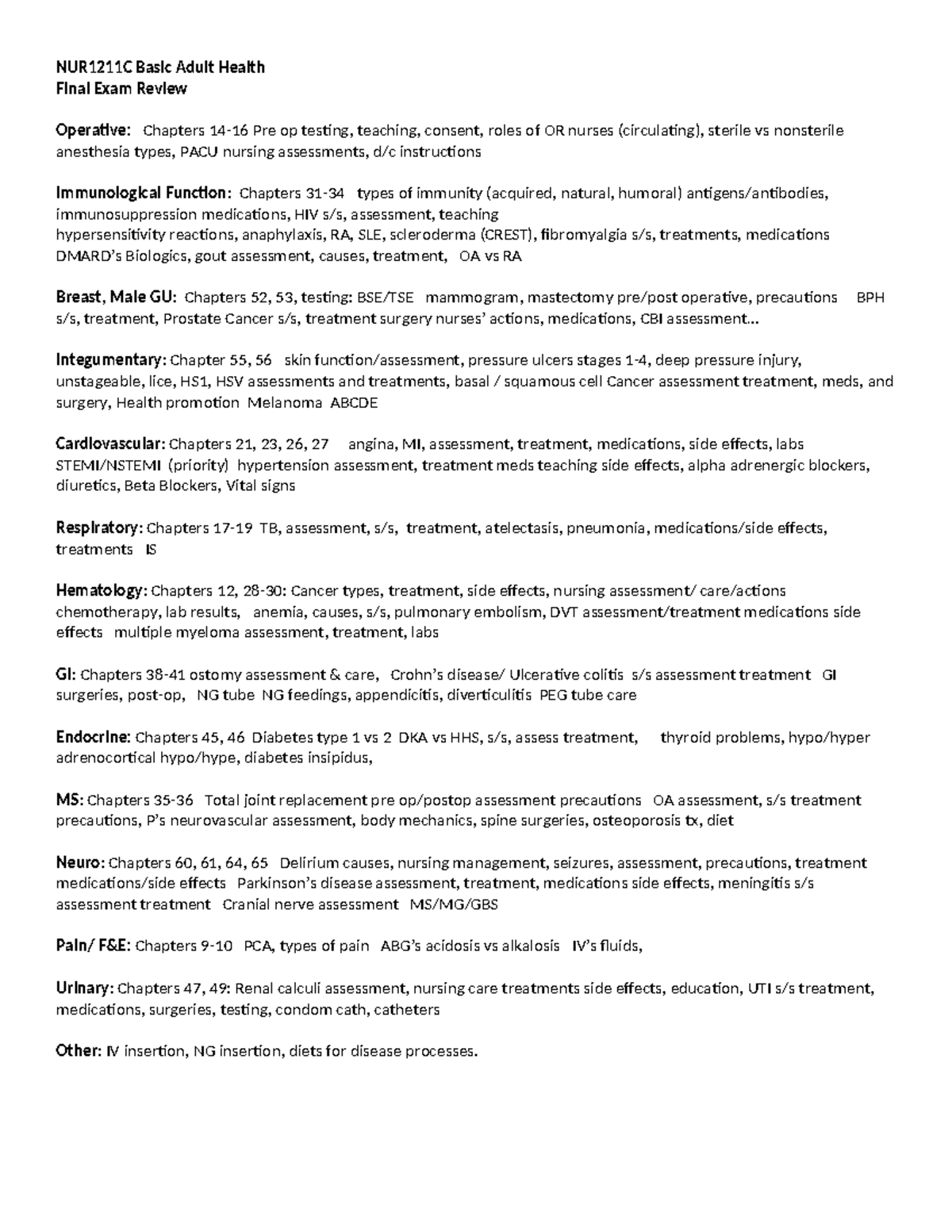 NUR1211C Final Exam Review - Comprehensive Guide to Adult Health - Studocu