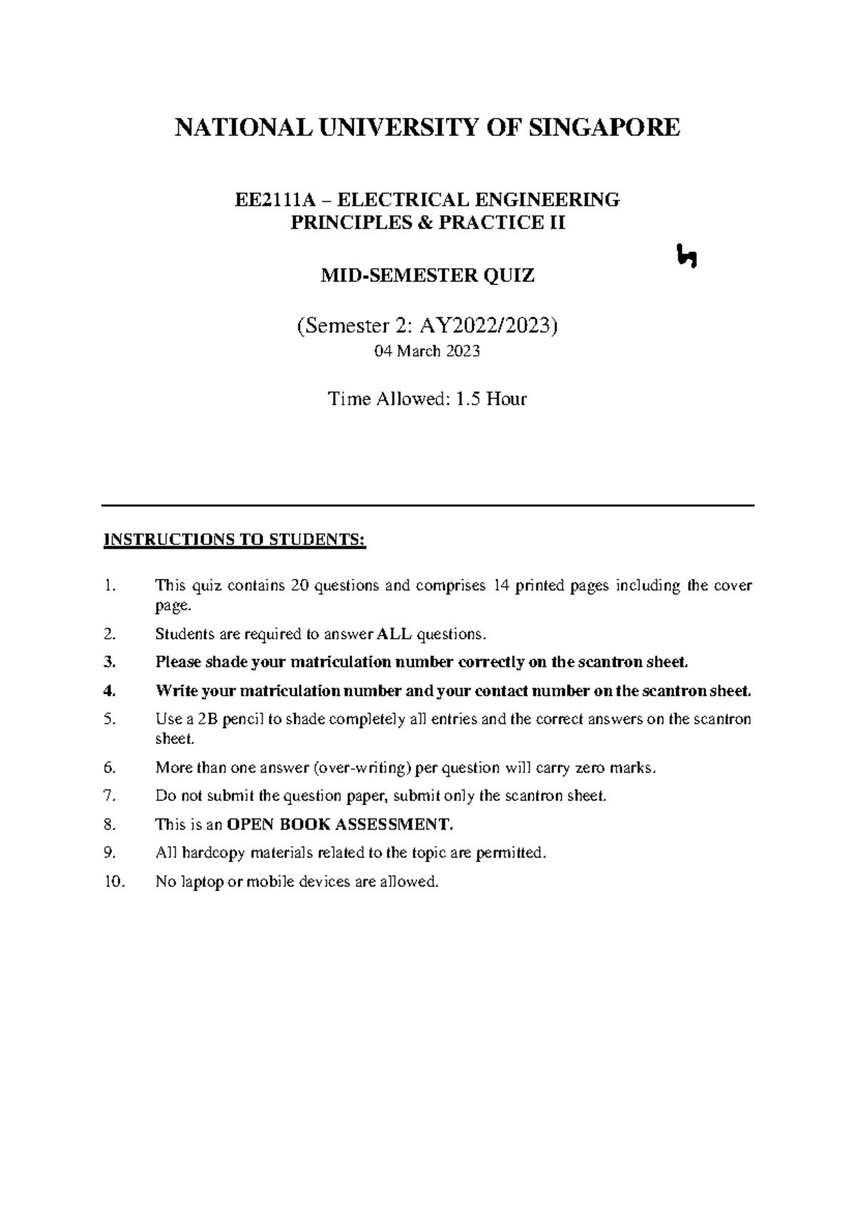 EE2111A-AY2223S2 Electrical Engineering Principles II Quiz - Studocu