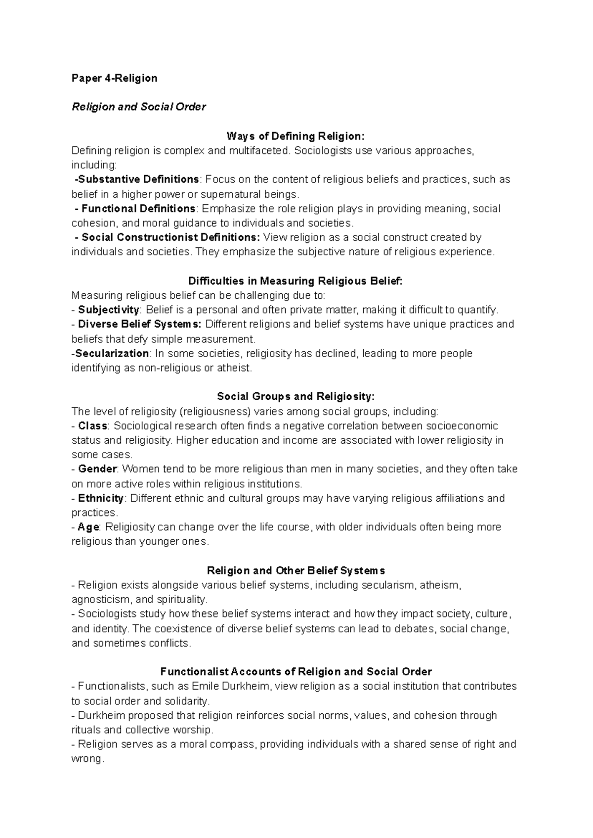 Paper 4-Religion Revision Notes - Paper 4-Religion Religion and Social ...