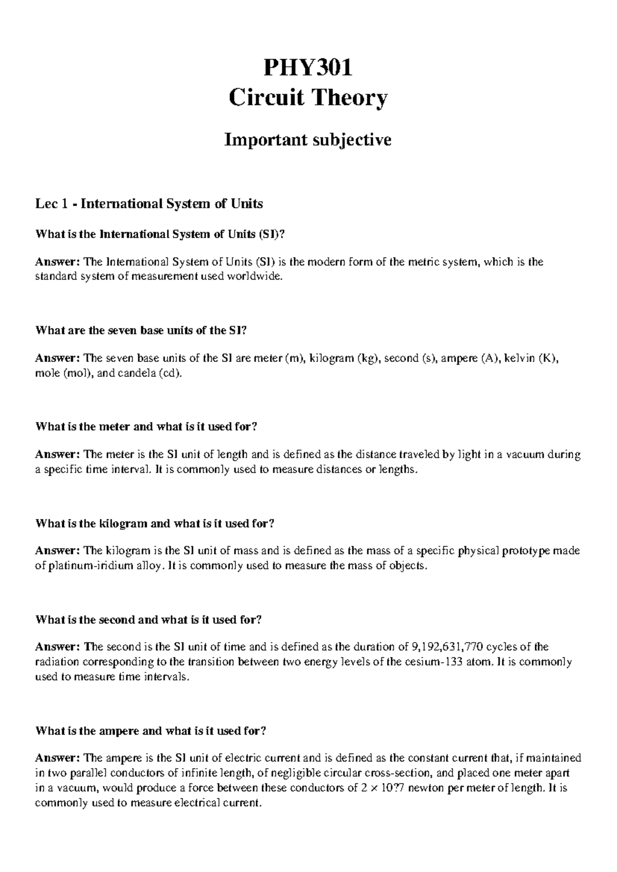 Lec 1-10 Subjective Notes on Circuit Theory - PHY301 - Studocu