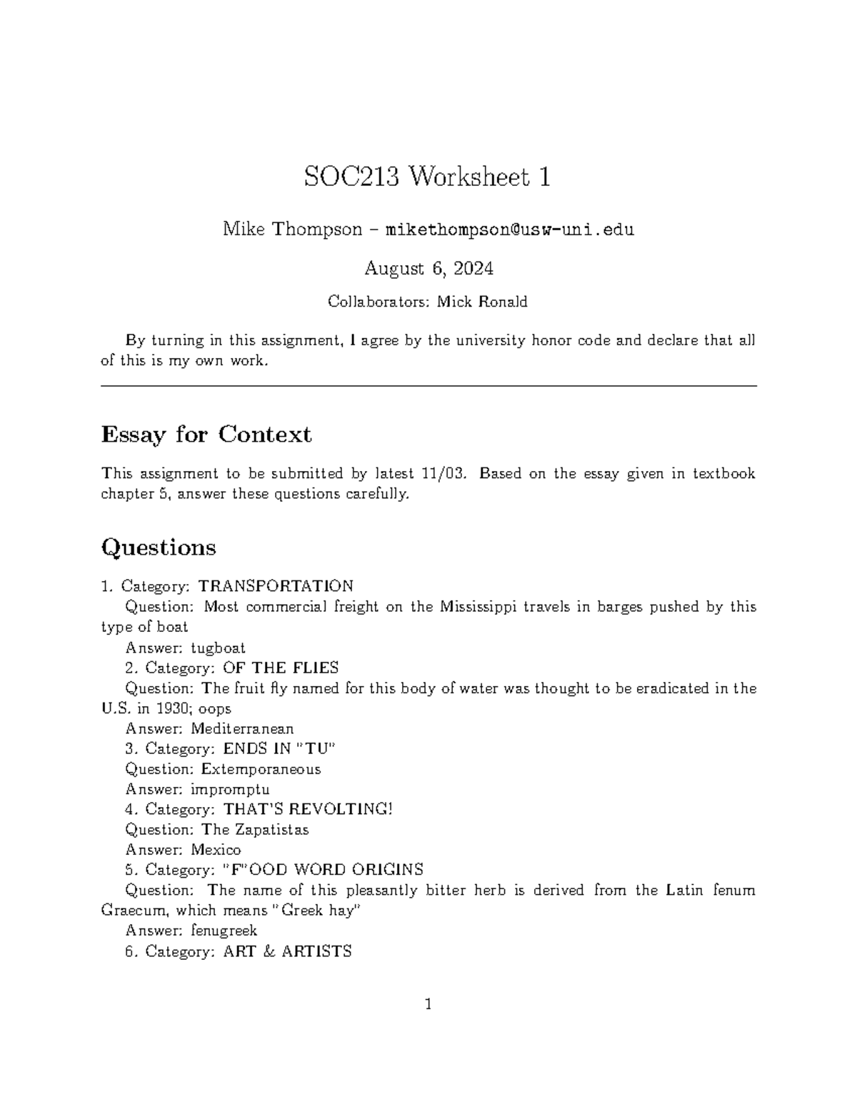 SOC213 Worksheet 1: Key Concepts in Sociology and Quiz Answers - Studocu