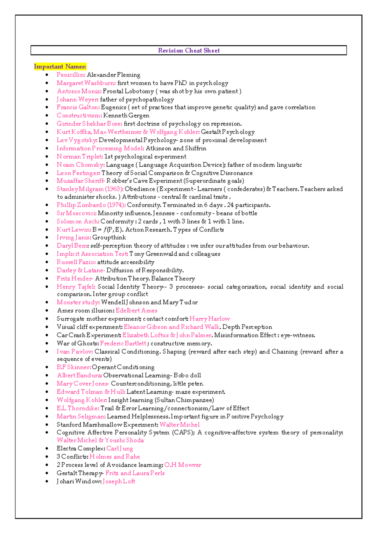 PSY 101: Essential Psychology Terms & Important Figures Cheat Sheet ...