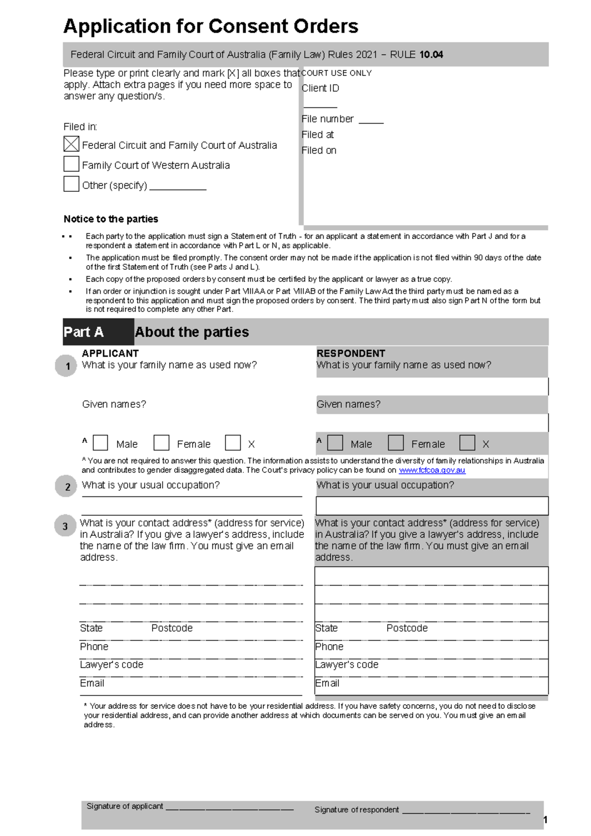 Application for consent orders - Application for Consent Orders Federal ...
